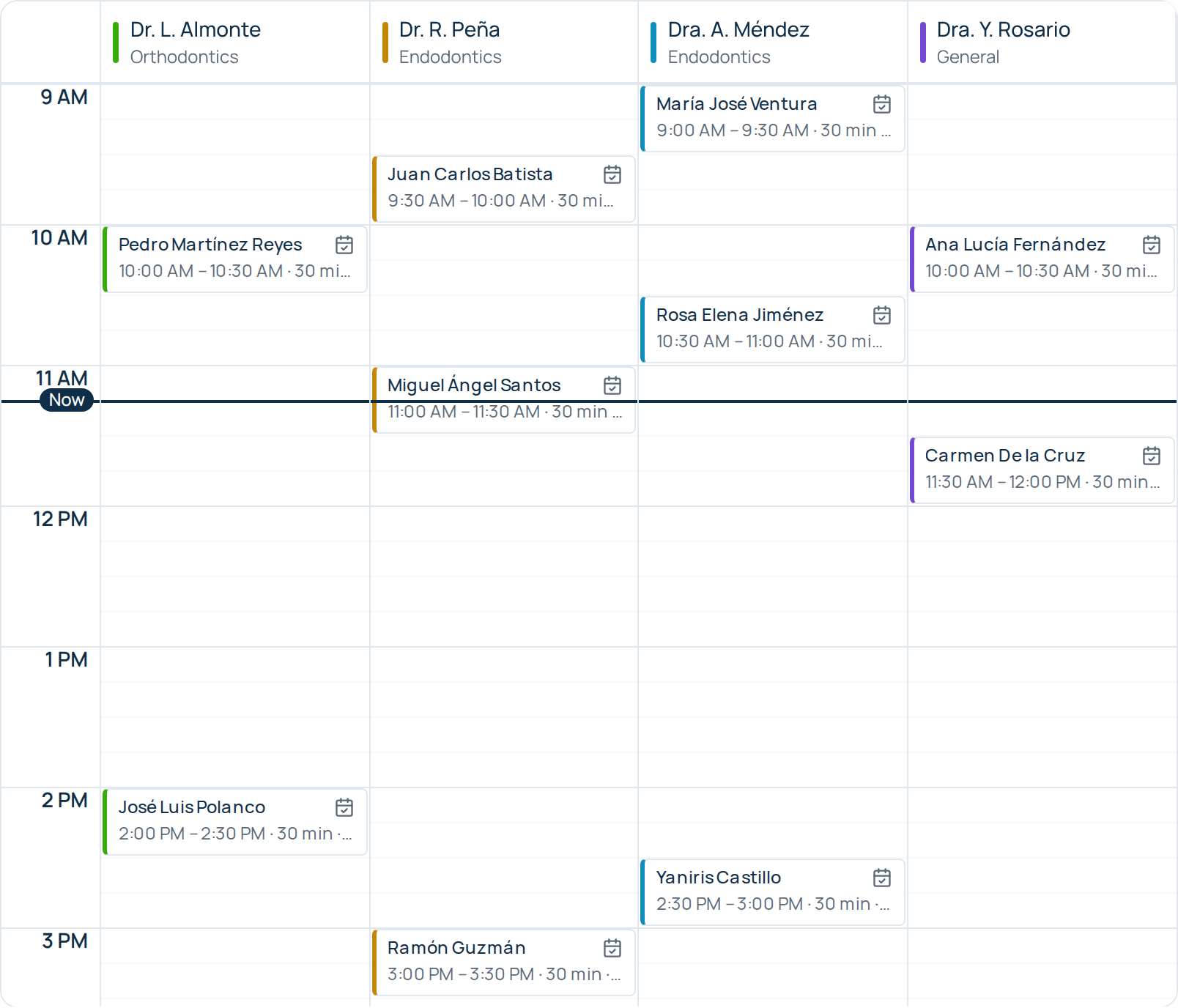 The agenda: one column per provider, the appointments of the day, and the current time marked.